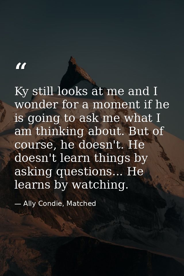 Ky still looks at me and I wonder for a moment if he is going to ask me what I am thinking about. But of course, he does — Ally Condie, Matched