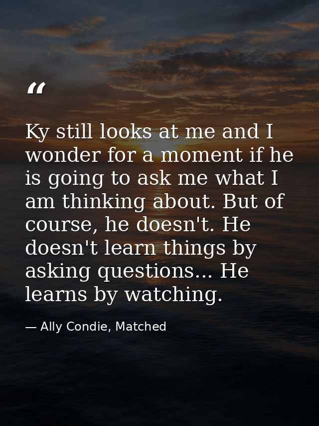 Ky still looks at me and I wonder for a moment if he is going to ask me what I am thinking about. But of course, he does — Ally Condie, Matched