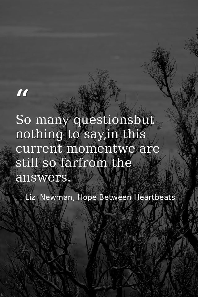 So many questionsbut nothing to say,in this current momentwe are still so farfrom the answers. — Liz  Newman, Hope Between Heartbeats