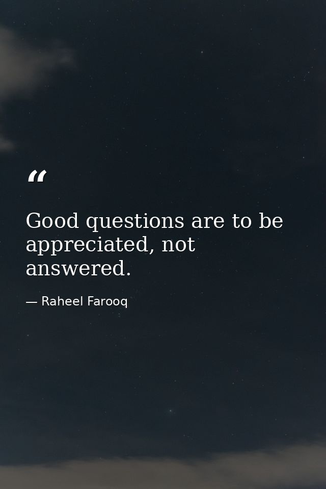 Good questions are to be appreciated, not answered. — Raheel Farooq