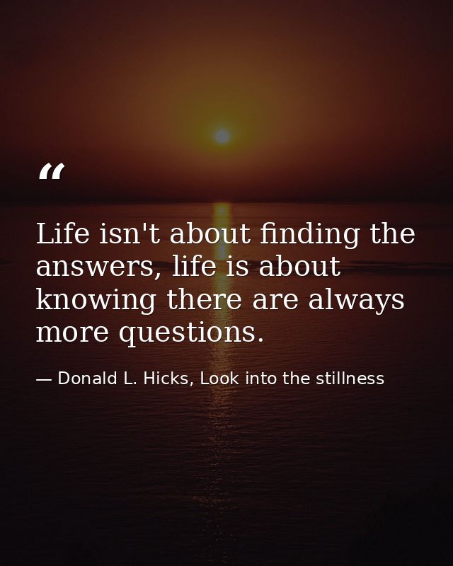 Life isn't about finding the answers, life is about knowing there are always more questions. — Donald L. Hicks, Look into the stillness