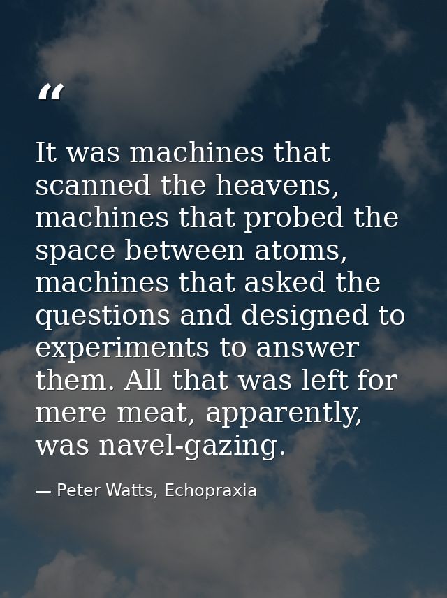 It was machines that scanned the heavens, machines that probed the space between atoms, machines that asked the question — Peter Watts, Echopraxia