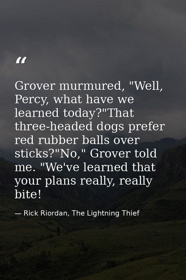 Grover murmured, "Well, Percy, what have we learned today?"That three-headed dogs prefer red rubber balls over sticks?"N — Rick Riordan, The Lightning Thief