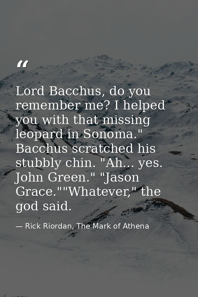 Lord Bacchus, do you remember me? I helped you with that missing leopard in Sonoma."  Bacchus scratched his stubbly chin — Rick Riordan, The Mark of Athena