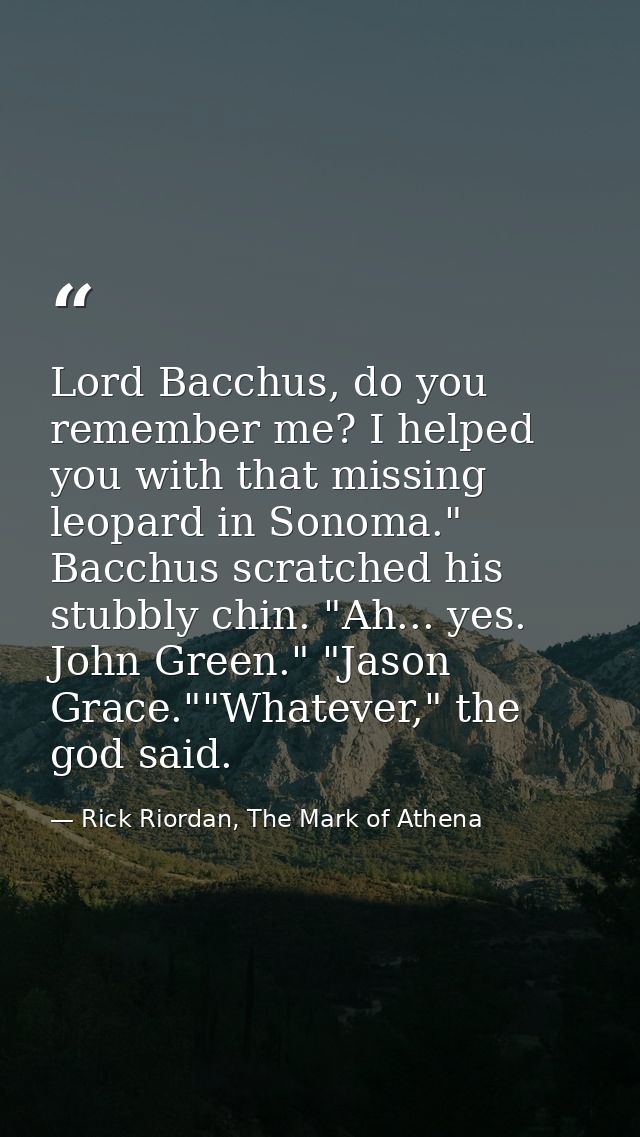 Lord Bacchus, do you remember me? I helped you with that missing leopard in Sonoma."  Bacchus scratched his stubbly chin — Rick Riordan, The Mark of Athena