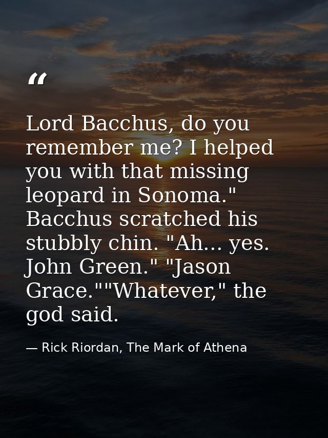 Lord Bacchus, do you remember me? I helped you with that missing leopard in Sonoma."  Bacchus scratched his stubbly chin — Rick Riordan, The Mark of Athena