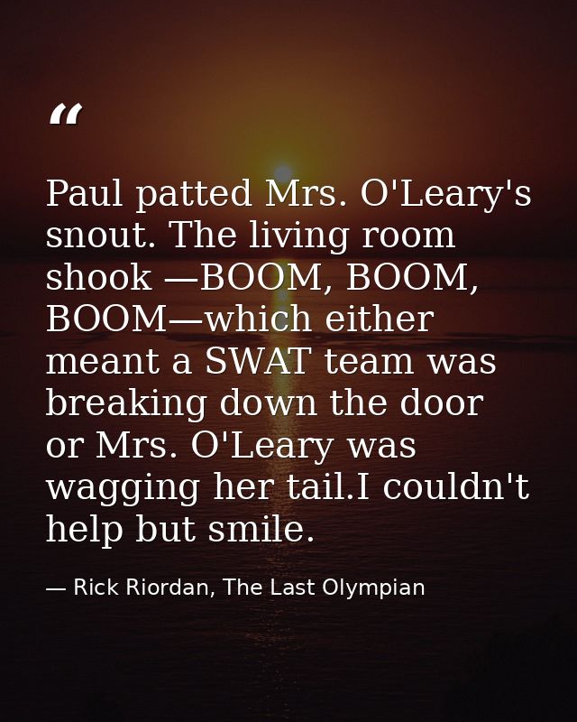 Paul patted Mrs. O'Leary's snout. The living room shook —BOOM, BOOM, BOOM—which either meant a SWAT team was breaking do — Rick Riordan, The Last Olympian
