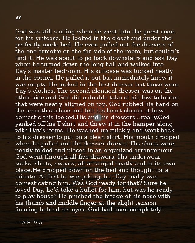 God was still smiling when he went into the guest room for his suitcase. He looked in the closet and under the perfectly — A.E. Via