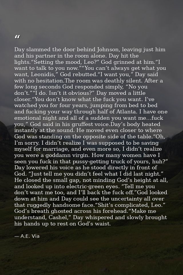 Day slammed the door behind Johnson, leaving just him and his partner in the room alone. Day hit the lights.“Setting the — A.E. Via