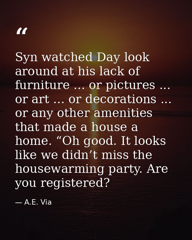 Syn watched Day look around at his lack of furniture ... or pictures ... or art ... or decorations ... or any other amen — A.E. Via