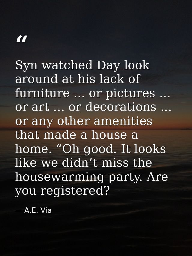 Syn watched Day look around at his lack of furniture ... or pictures ... or art ... or decorations ... or any other amen — A.E. Via