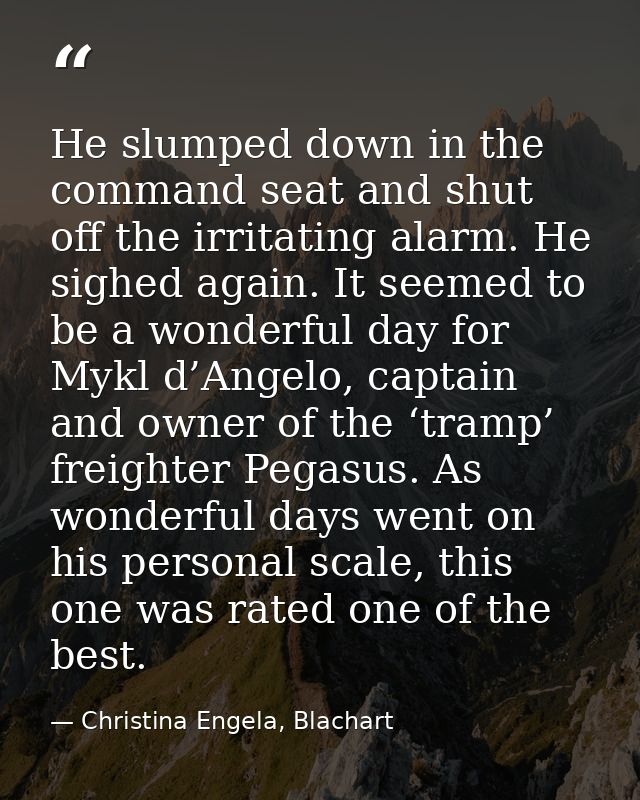 He slumped down in the command seat and shut off the irritating alarm. He sighed again. It seemed to be a wonderful day  — Christina Engela, Blachart