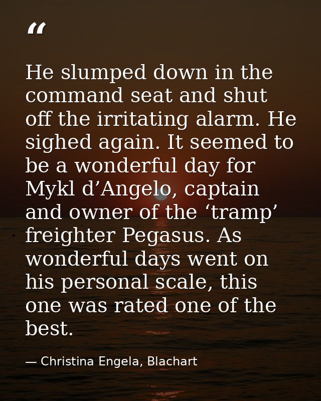 He slumped down in the command seat and shut off the irritating alarm. He sighed again. It seemed to be a wonderful day  — Christina Engela, Blachart