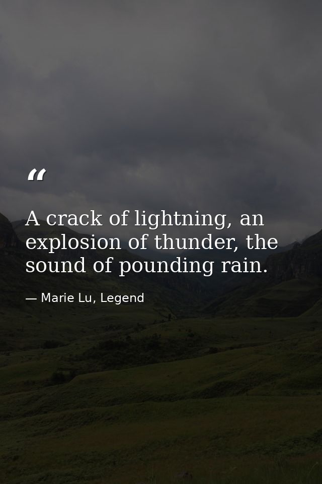 A crack of lightning, an explosion of thunder, the sound of pounding rain. — Marie Lu, Legend