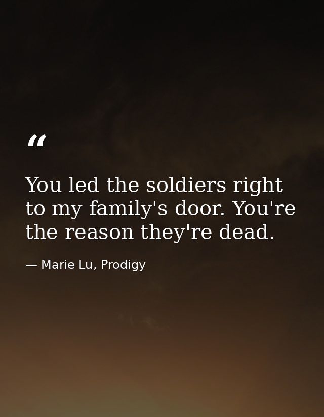 You led the soldiers right to my family's door. You're the reason they're dead. — Marie Lu, Prodigy