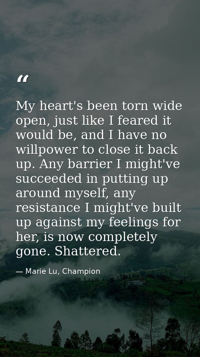 My heart's been torn wide open, just like I feared it would be, and I have no willpower to close it back up. Any barrier — Marie Lu, Champion