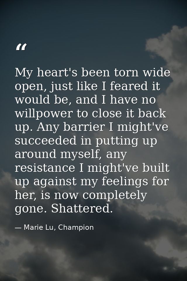 My heart's been torn wide open, just like I feared it would be, and I have no willpower to close it back up. Any barrier — Marie Lu, Champion