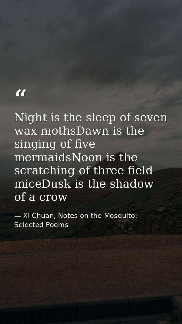 Night is the sleep of seven wax mothsDawn is the singing of five mermaidsNoon is the scratching of three field miceDusk  — Xi Chuan, Notes on the Mosquito: Selected Poems