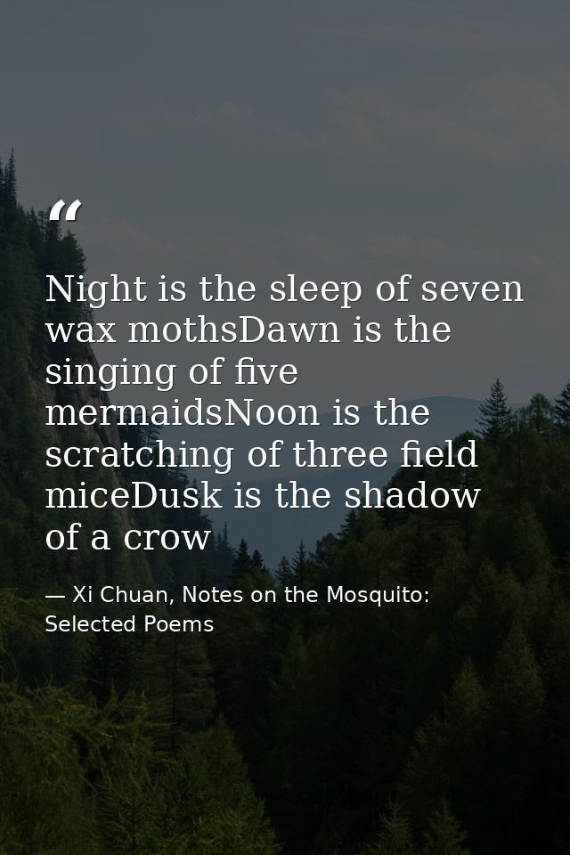 Night is the sleep of seven wax mothsDawn is the singing of five mermaidsNoon is the scratching of three field miceDusk  — Xi Chuan, Notes on the Mosquito: Selected Poems