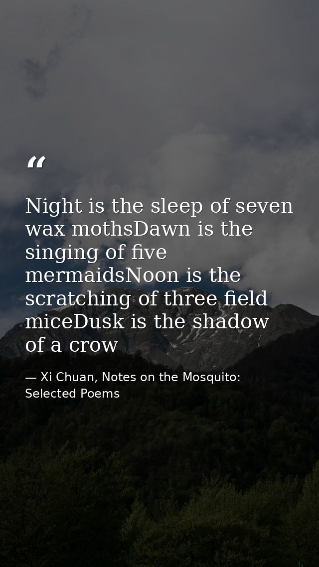 Night is the sleep of seven wax mothsDawn is the singing of five mermaidsNoon is the scratching of three field miceDusk  — Xi Chuan, Notes on the Mosquito: Selected Poems