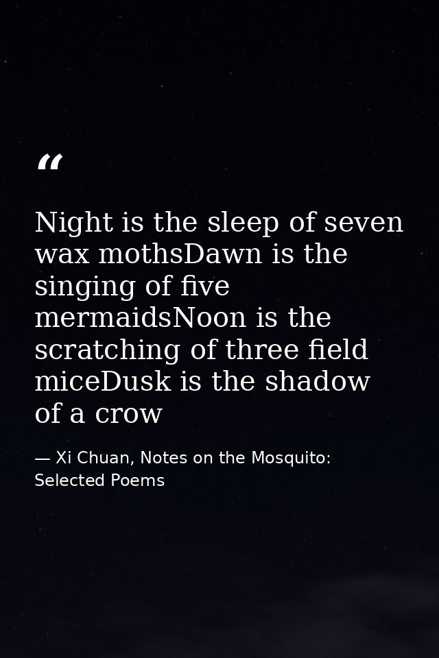 Night is the sleep of seven wax mothsDawn is the singing of five mermaidsNoon is the scratching of three field miceDusk  — Xi Chuan, Notes on the Mosquito: Selected Poems