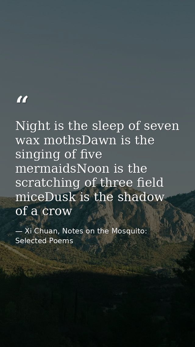 Night is the sleep of seven wax mothsDawn is the singing of five mermaidsNoon is the scratching of three field miceDusk  — Xi Chuan, Notes on the Mosquito: Selected Poems