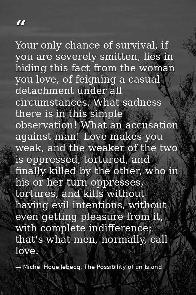 Your only chance of survival, if you are severely smitten, lies in hiding this fact from the woman you love, of feigning — Michel Houellebecq, The Possibility of an Island