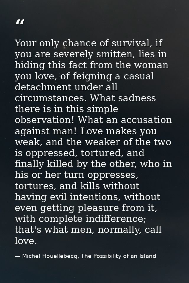 Your only chance of survival, if you are severely smitten, lies in hiding this fact from the woman you love, of feigning — Michel Houellebecq, The Possibility of an Island