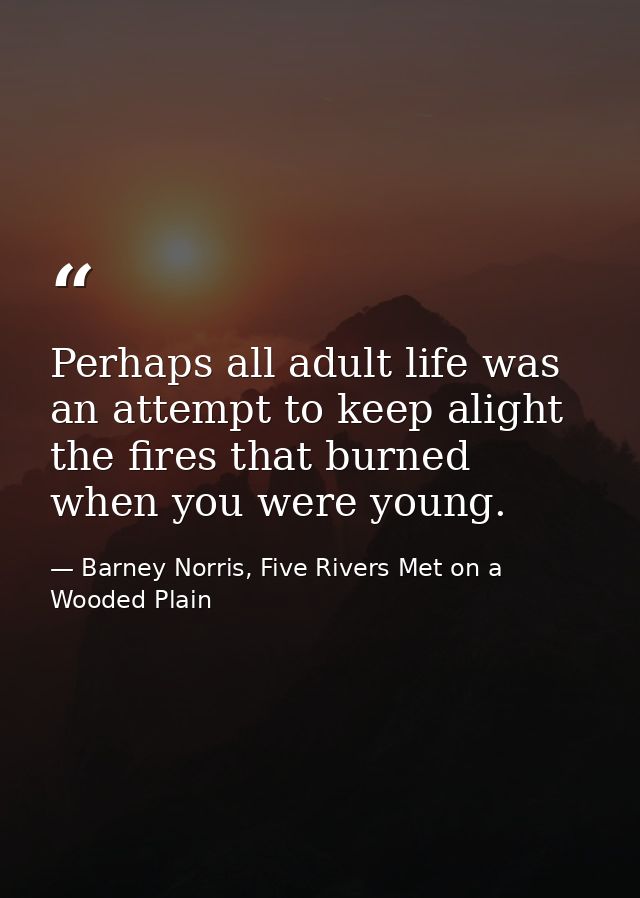 Perhaps all adult life was an attempt to keep alight the fires that burned when you were young. — Barney Norris, Five Rivers Met on a Wooded Plain