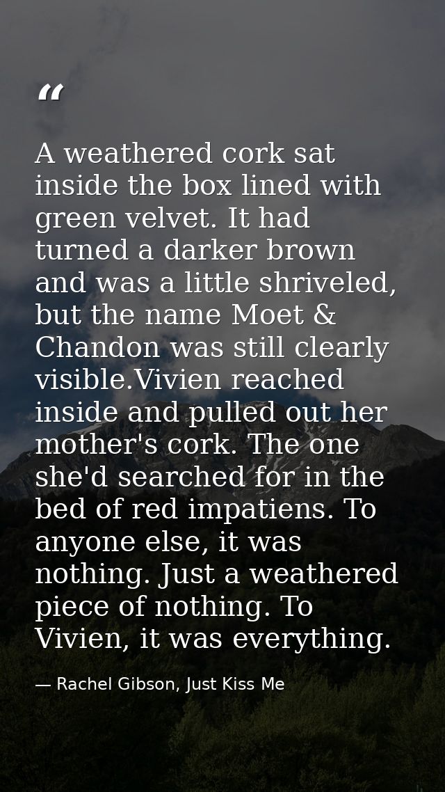 A weathered cork sat inside the box lined with green velvet. It had turned a darker brown and was a little shriveled, bu — Rachel Gibson, Just Kiss Me