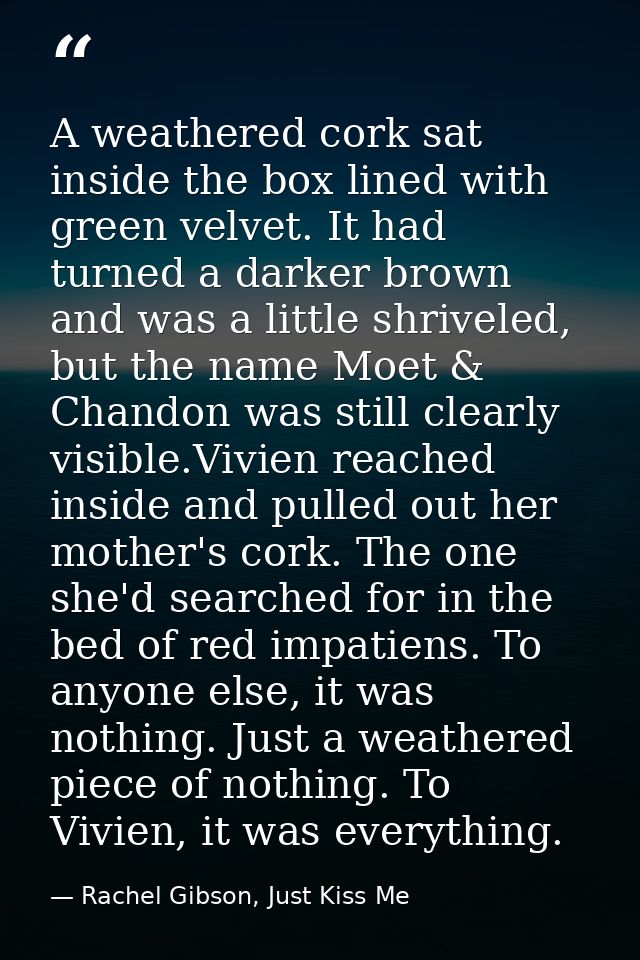 A weathered cork sat inside the box lined with green velvet. It had turned a darker brown and was a little shriveled, bu — Rachel Gibson, Just Kiss Me