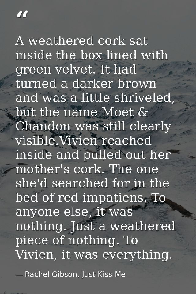 A weathered cork sat inside the box lined with green velvet. It had turned a darker brown and was a little shriveled, bu — Rachel Gibson, Just Kiss Me