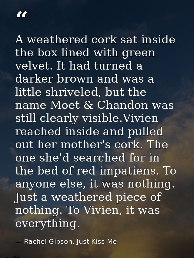 A weathered cork sat inside the box lined with green velvet. It had turned a darker brown and was a little shriveled, bu — Rachel Gibson, Just Kiss Me