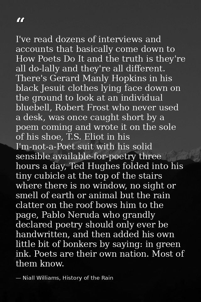 I've read dozens of interviews and accounts that basically come down to How Poets Do It and the truth is they're all do- — Niall Williams, History of the Rain