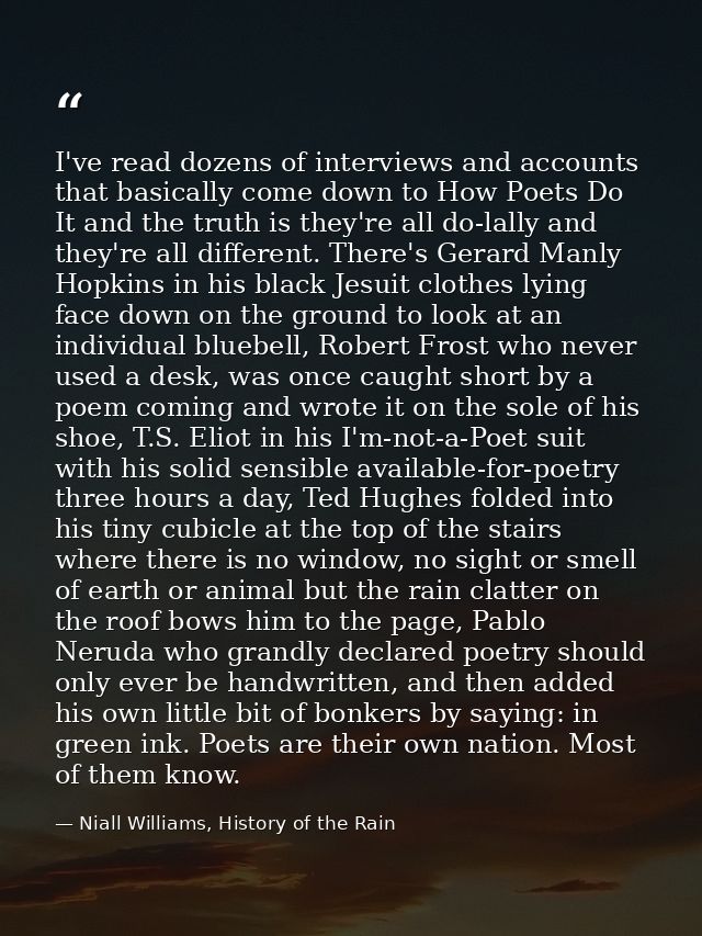 I've read dozens of interviews and accounts that basically come down to How Poets Do It and the truth is they're all do- — Niall Williams, History of the Rain