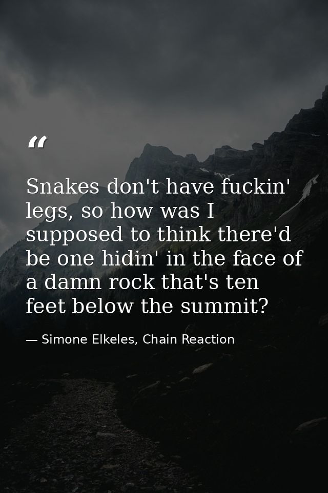 Snakes don't have fuckin' legs, so how was I supposed to think there'd be one hidin' in the face of a damn rock that's t — Simone Elkeles, Chain Reaction