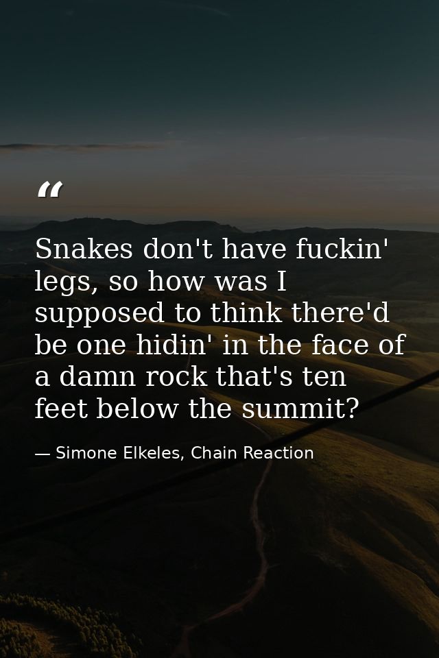 Snakes don't have fuckin' legs, so how was I supposed to think there'd be one hidin' in the face of a damn rock that's t — Simone Elkeles, Chain Reaction