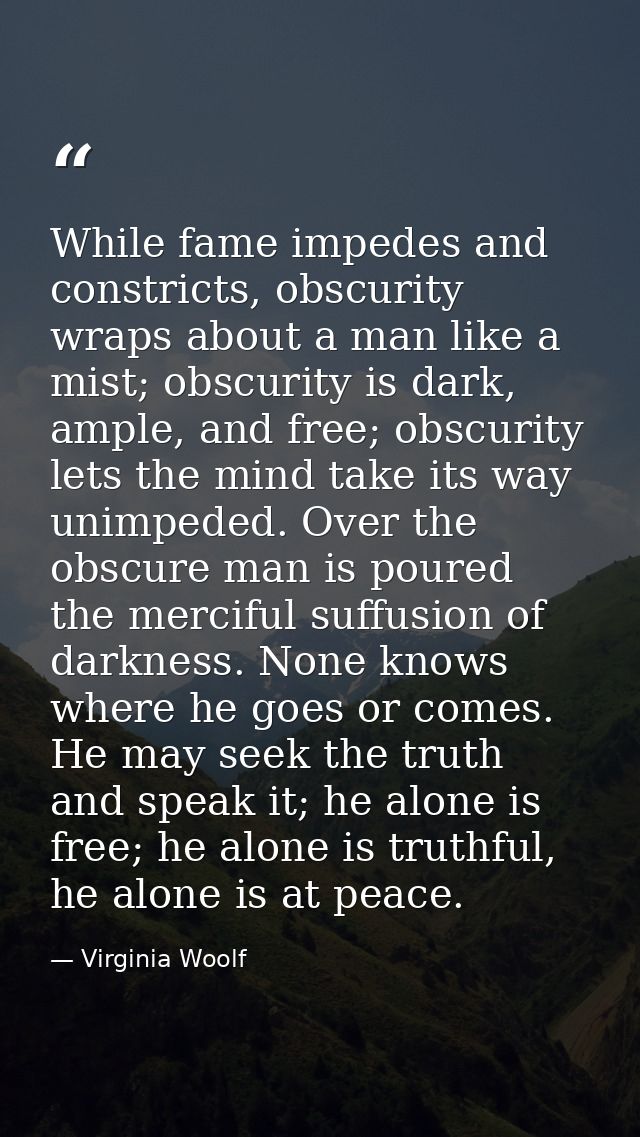 While fame impedes and constricts, obscurity wraps about a man like a mist; obscurity is dark, ample, and free; obscurit — Virginia Woolf