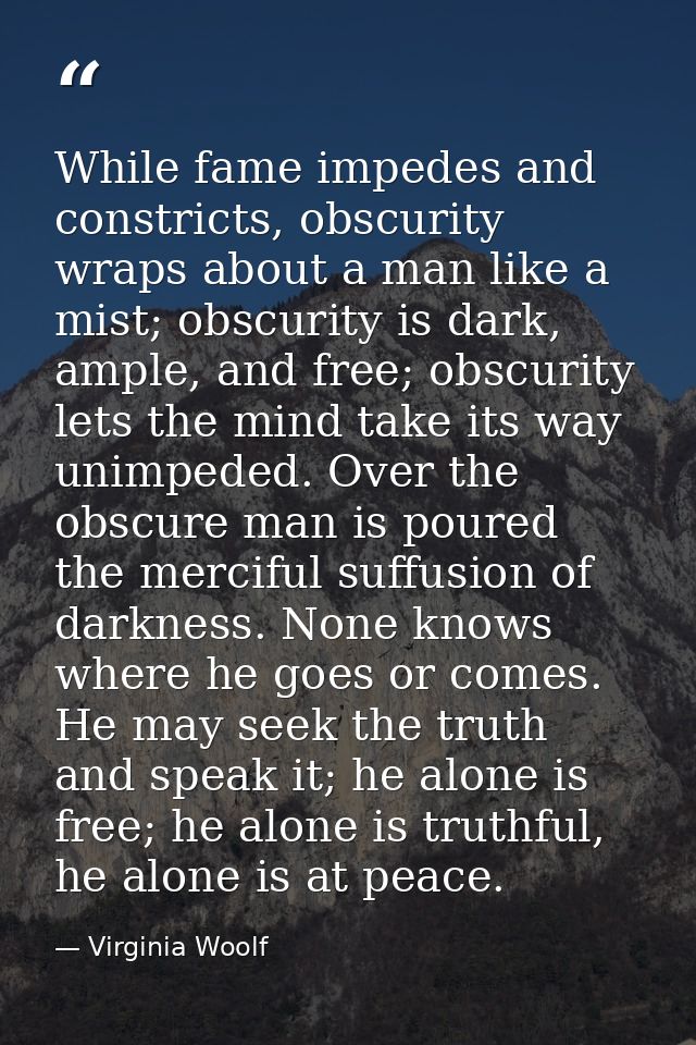 While fame impedes and constricts, obscurity wraps about a man like a mist; obscurity is dark, ample, and free; obscurit — Virginia Woolf