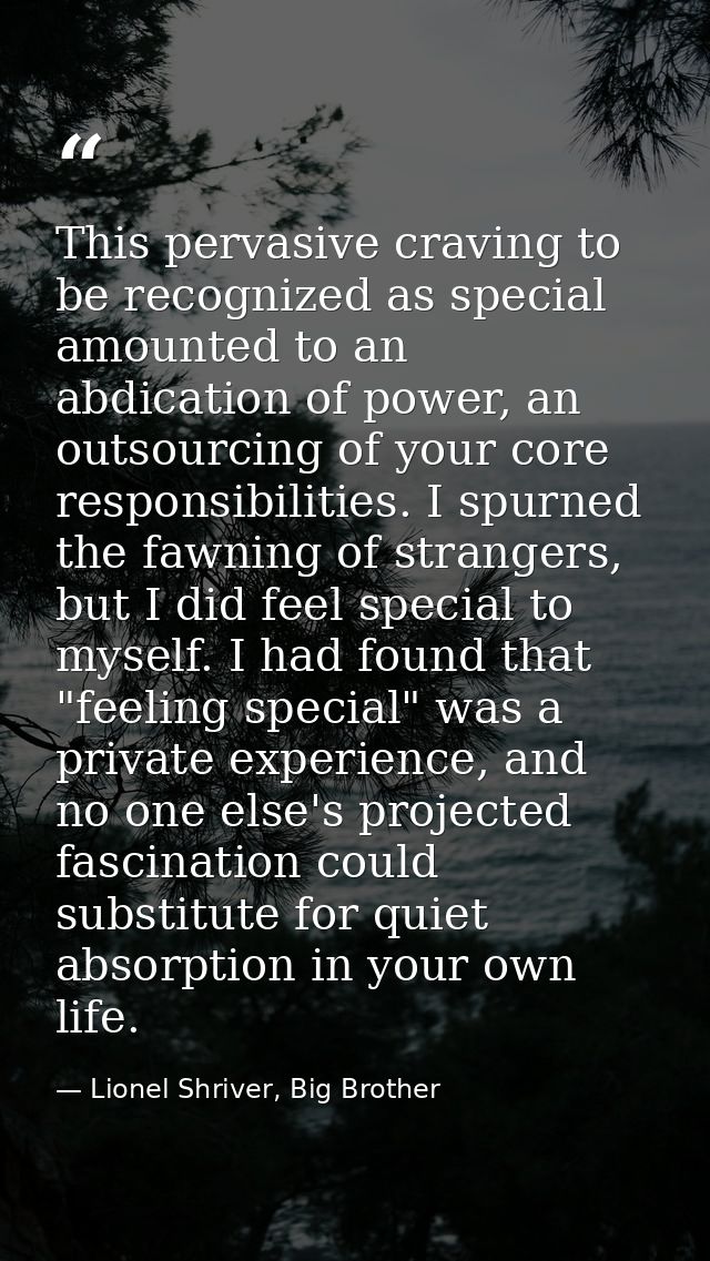 This pervasive craving to be recognized as special amounted to an abdication of power, an outsourcing of your core respo — Lionel Shriver, Big Brother