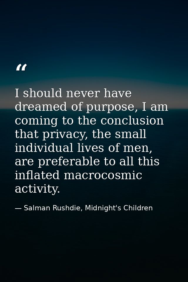 I should never have dreamed of purpose, I am coming to the conclusion that privacy, the small individual lives of men, a — Salman Rushdie, Midnight's Children