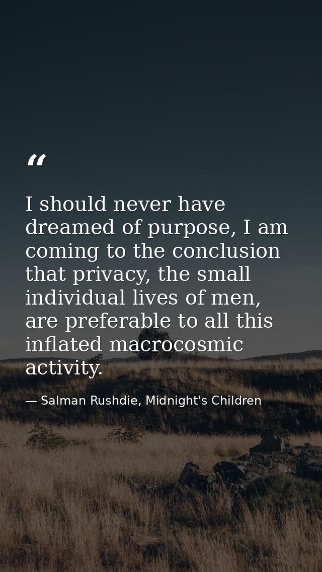 I should never have dreamed of purpose, I am coming to the conclusion that privacy, the small individual lives of men, a — Salman Rushdie, Midnight's Children