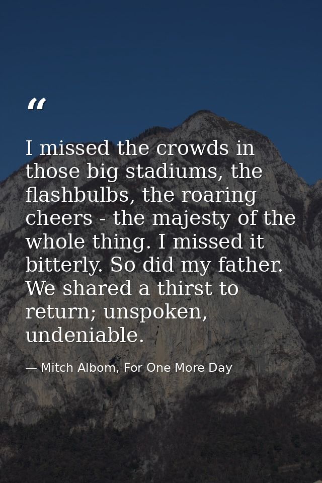 I missed the crowds in those big stadiums, the flashbulbs, the roaring cheers - the majesty of the whole thing. I missed — Mitch Albom, For One More Day