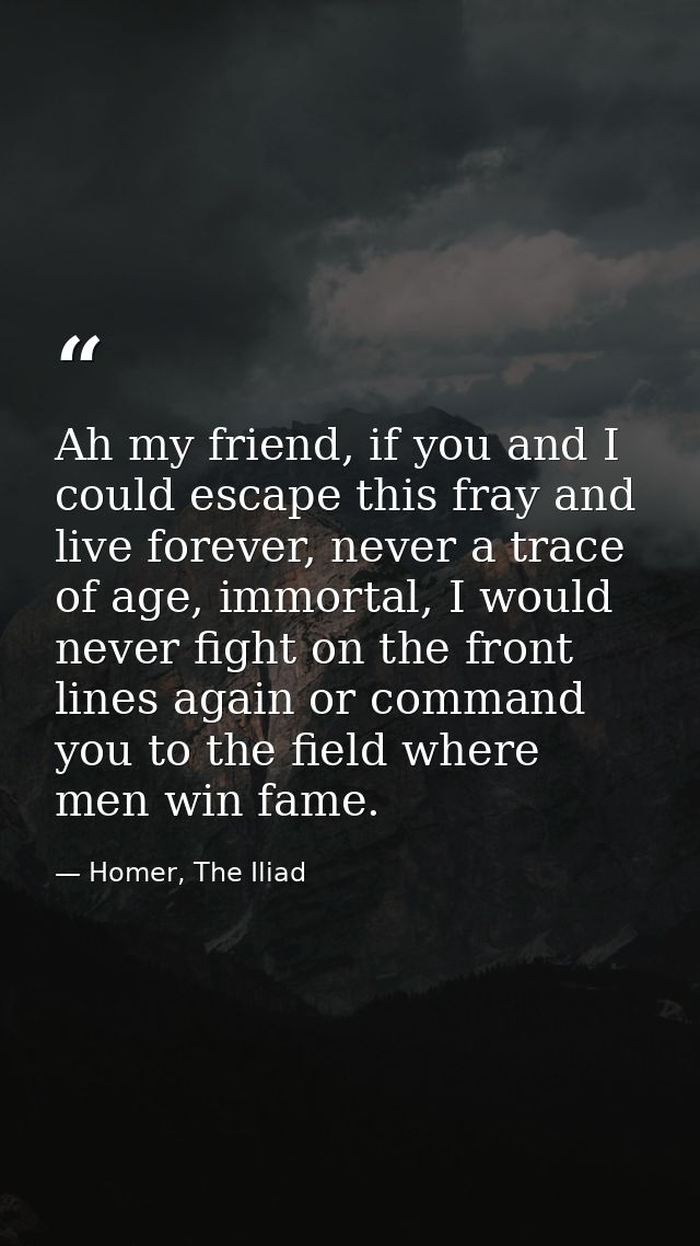 Ah my friend, if you and I could escape this fray and live forever, never a trace of age, immortal, I would never fight  — Homer, The Iliad