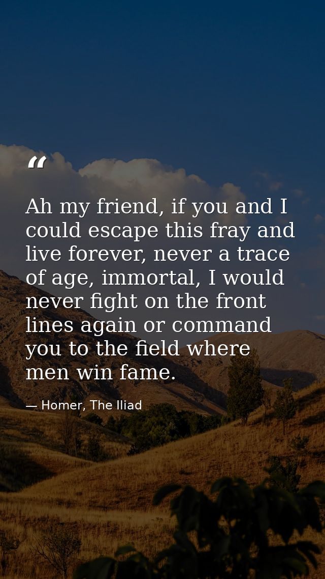 Ah my friend, if you and I could escape this fray and live forever, never a trace of age, immortal, I would never fight  — Homer, The Iliad