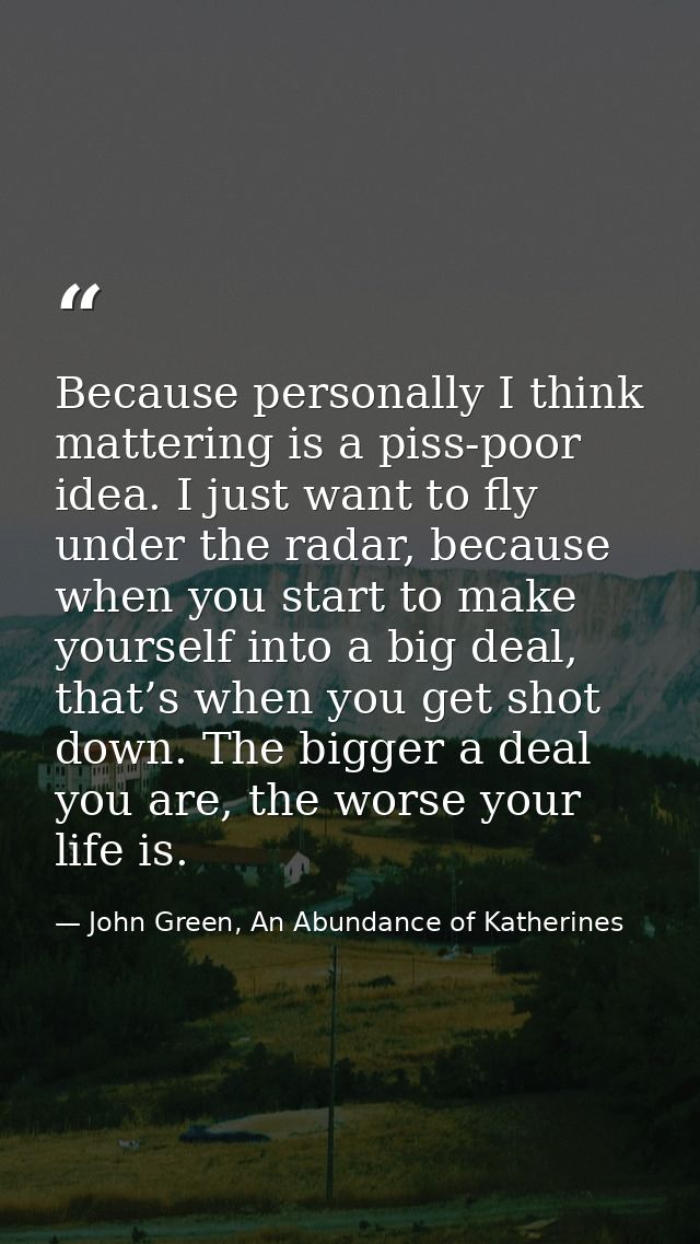 Because personally I think mattering is a piss-poor idea. I just want to fly under the radar, because when you start to  — John Green, An Abundance of Katherines