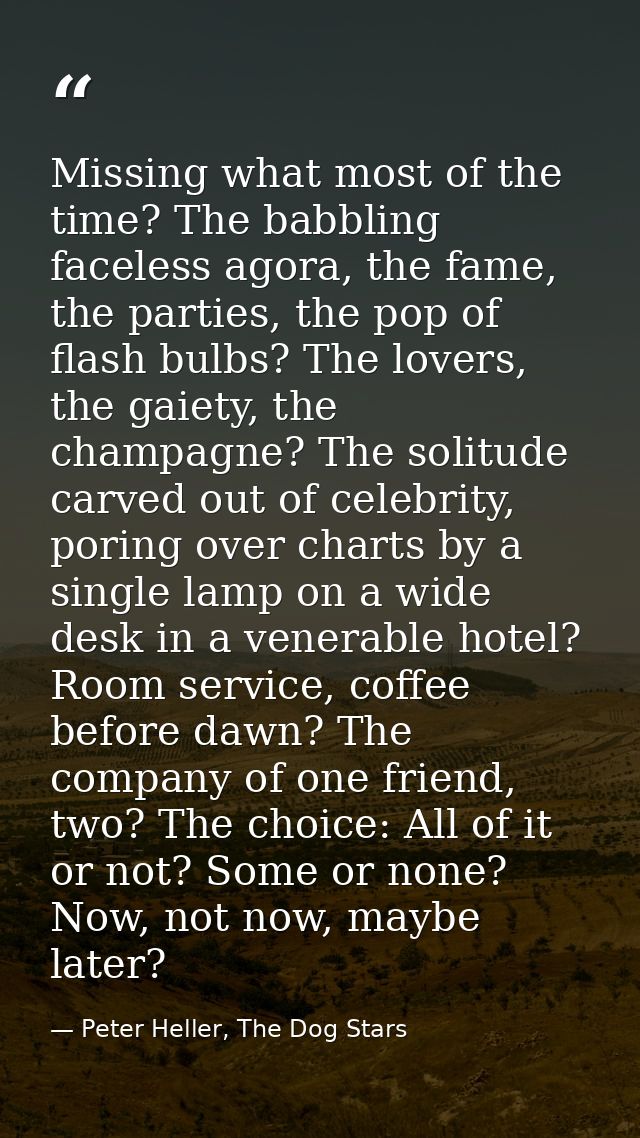 Missing what most of the time? The babbling faceless agora, the fame, the parties, the pop of flash bulbs? The lovers, t — Peter Heller, The Dog Stars