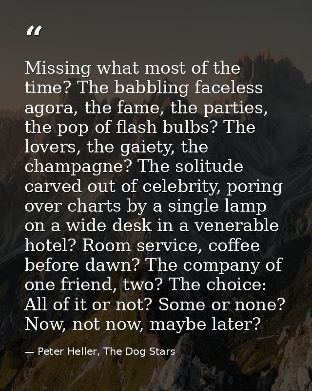 Missing what most of the time? The babbling faceless agora, the fame, the parties, the pop of flash bulbs? The lovers, t — Peter Heller, The Dog Stars