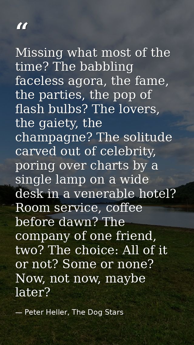 Missing what most of the time? The babbling faceless agora, the fame, the parties, the pop of flash bulbs? The lovers, t — Peter Heller, The Dog Stars