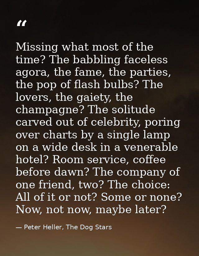 Missing what most of the time? The babbling faceless agora, the fame, the parties, the pop of flash bulbs? The lovers, t — Peter Heller, The Dog Stars